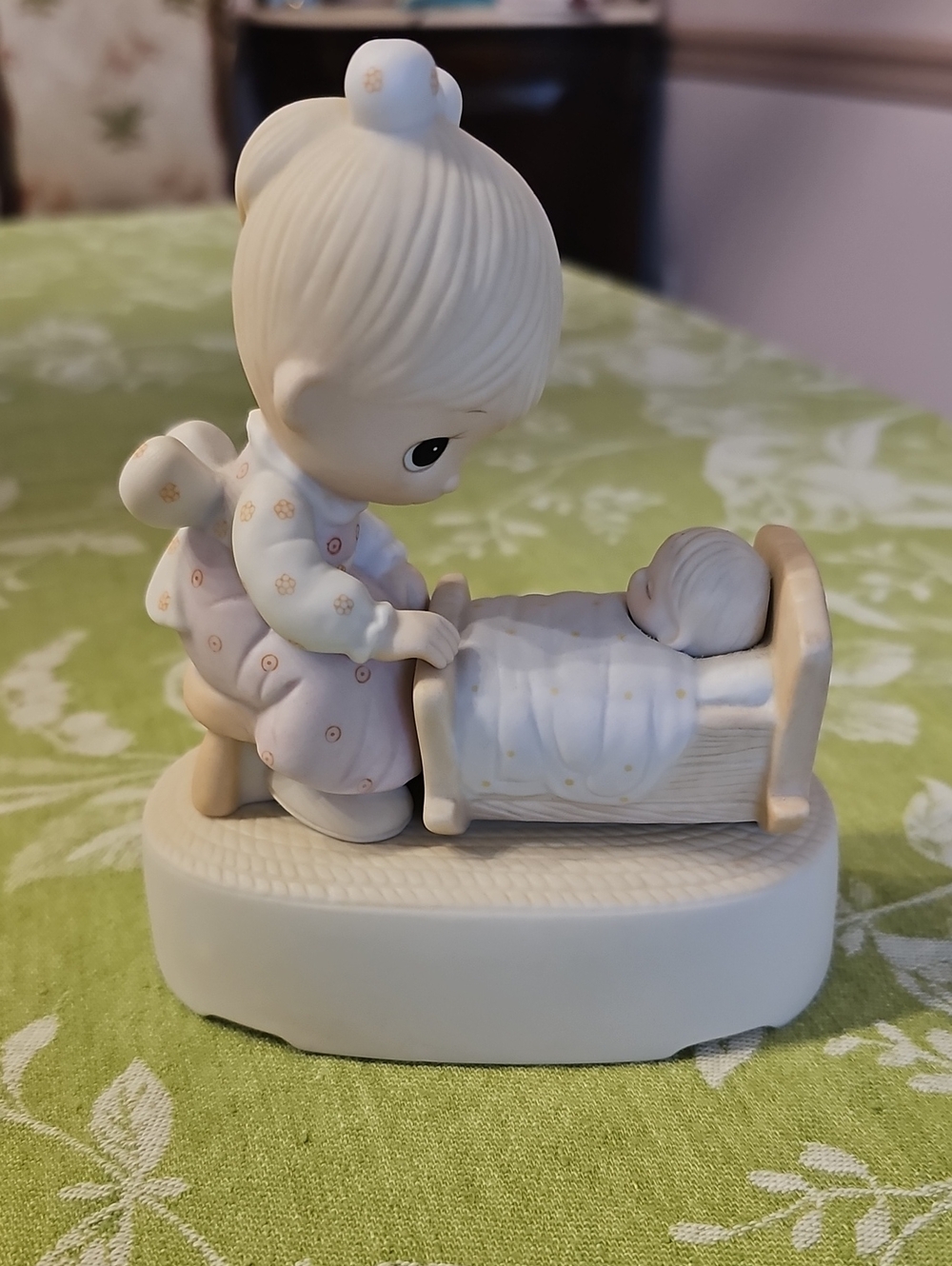 Precious Moments Girl Watching Baby in Crib Figurine With Music